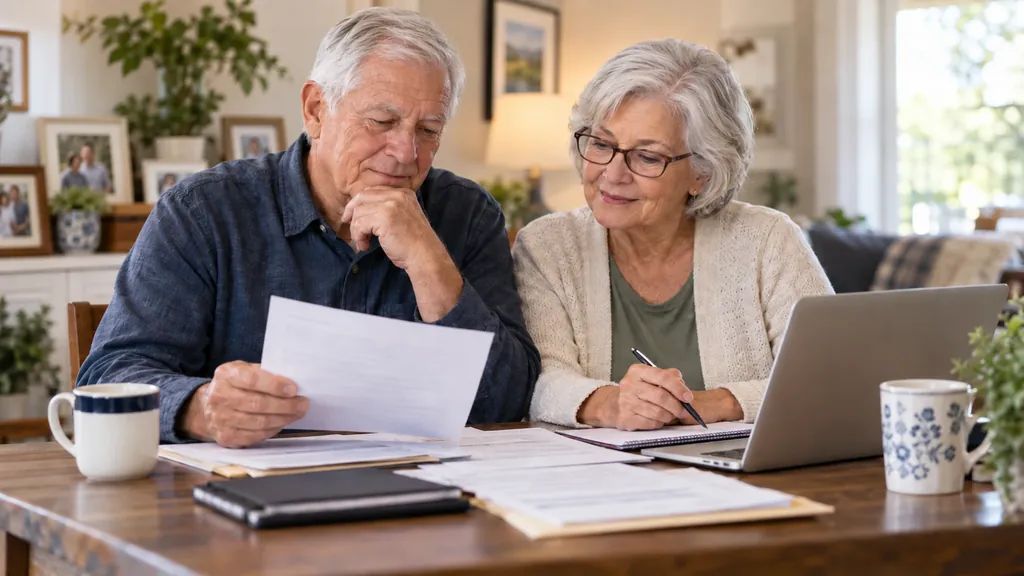 An older couple at their kitchen table, going over paperwork together
